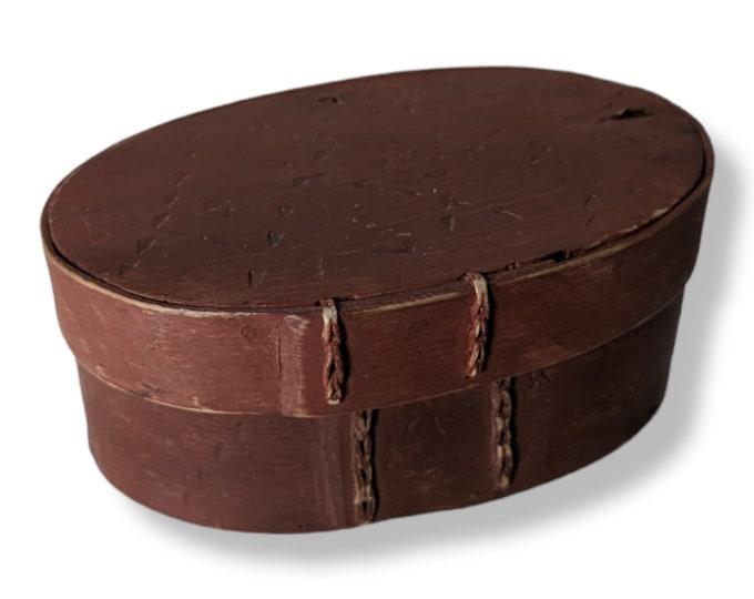 Vintage Norwegian oval bentwood handmade Box, deep red color Tine Box, Scandinavian Folk Art, treasure box