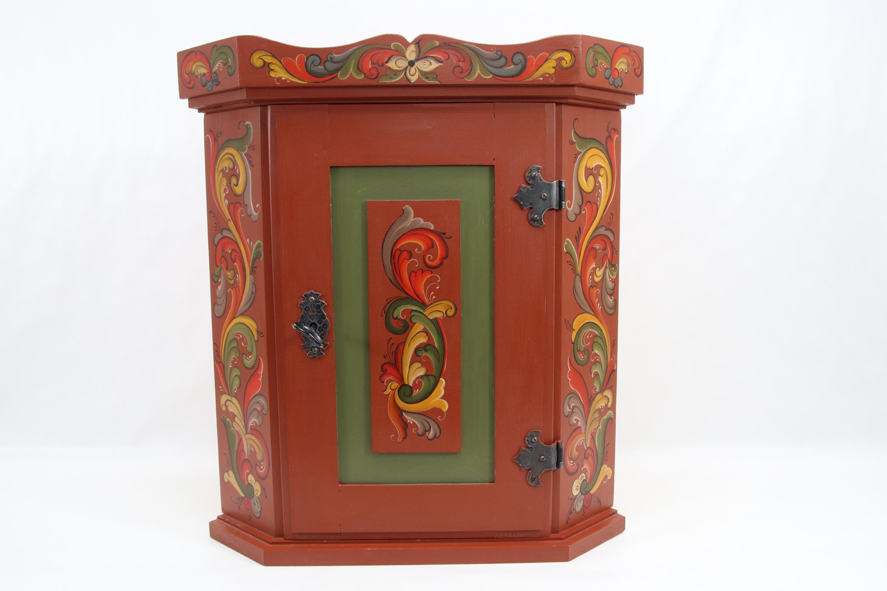 Vintage Norwegian Corner Cabinet | 1970s Hand Painted Rosemaling 