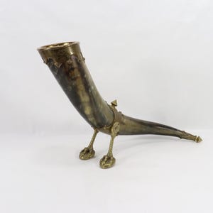 Vintage 1970s Large Norwegian Drinking Horn with Dragon Brass Details