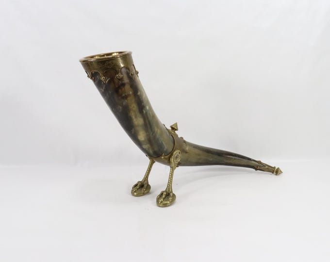 Vintage 1970s Large Norwegian Drinking Horn with Dragon Brass Details