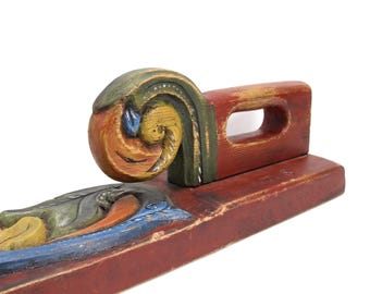 Vintage Norwegian mangle board folk art, hand carved wood with acanthus pattern, dated 1975 with initials TS, traditional love token gift