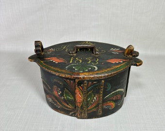 Antique Bentwood Tine Box from 1853 with Telemakr Rose Paint - Well-Preserved Collectible