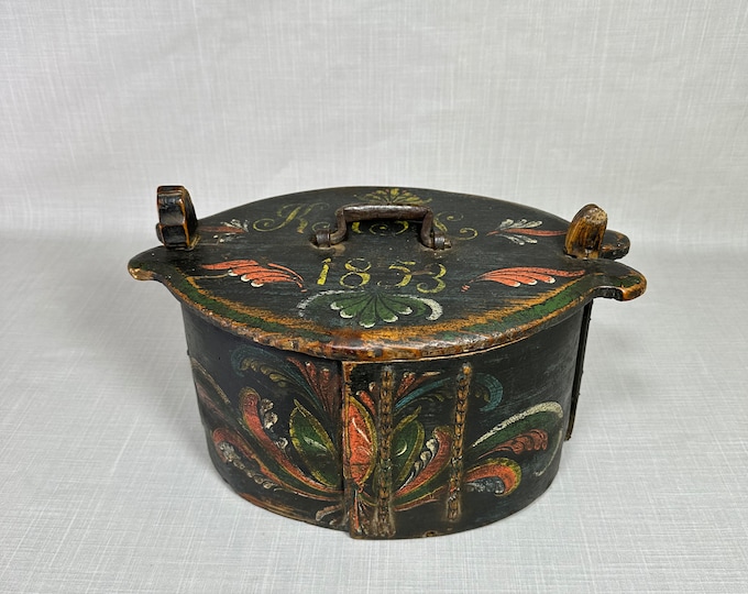 Antique Bentwood Tine Box from 1853 with Telemakr Rose Paint - Well-Preserved Collectible