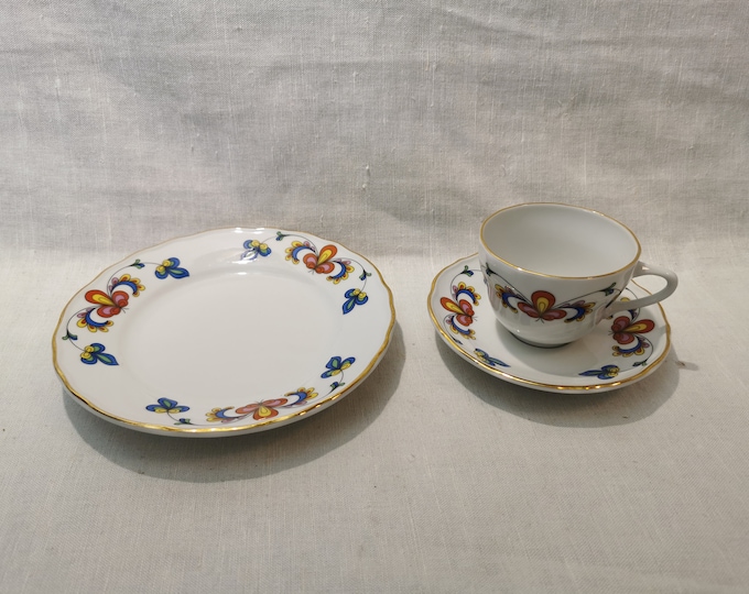 Vintage Norwegian Telemark Porsgrund Porcelain Trio Breakfast Set - Farmers Rose/Bondemønster - 1988