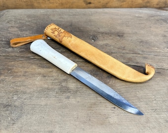 Norwegian Sami Style Knife 1970s | Reindeer Bone Handle Carved Decor | Leather Sheath Reindeer Motif | Folk Art Collectible
