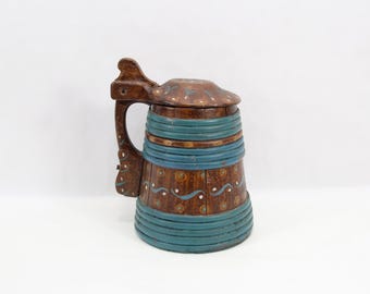 Antique Norwegian Ale Tankard | Hand Painted Wooden Folk Art Stein with Lid | 19th Century Scandinavian Stave Mug