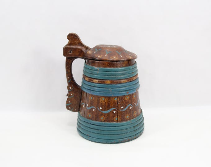 Antique Norwegian Ale Tankard | Hand Painted Wooden Folk Art Stein with Lid | 19th Century Scandinavian Stave Mug
