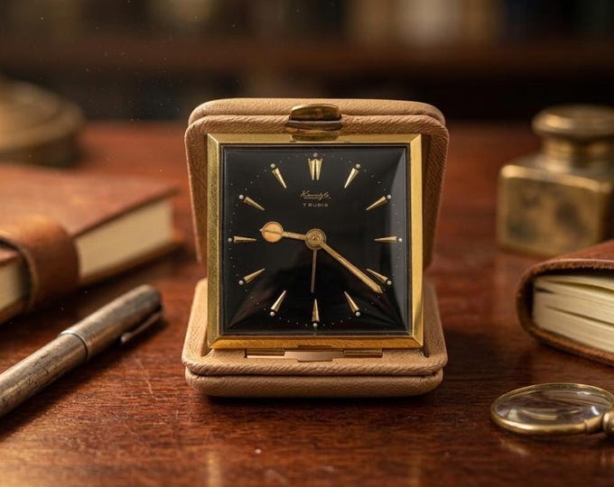 Kienzle 7 Rubis Travel Alarm Clock Germany 1950s | Mechanical Folding Desk Clock | Mid Century Black Dial Timepiece