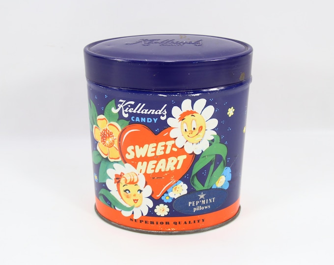 Vintage Kiellands Candy “Sweetheart” Tin Box from 1940 – Nordic Floral Heart Design, Retro Collectible Storage, Scandinavian Gift Decor