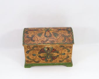 Norwegian Hand Painted Box Early 1900s | Rosemaling Folk Art Dome Top Chest | Working Lock Key | Antique Jewelry Trinket Box