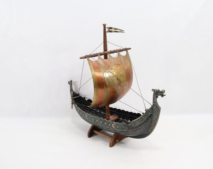 Vintage Viking Ship Sculpture in Bronze and Brass | Scandinavian Norse Dragon Boat Art 1950s | Danish Collectible Design