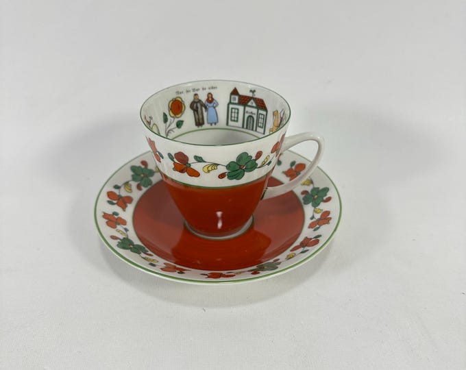 Vintage Norwegian Porsgrund Porcelain Rare Cup and Saucer - Wedding Procession - Scandinavian Folk Art