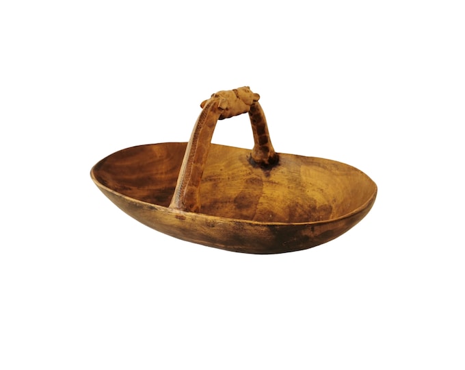 Hand carved wood bowl with giraffes heads