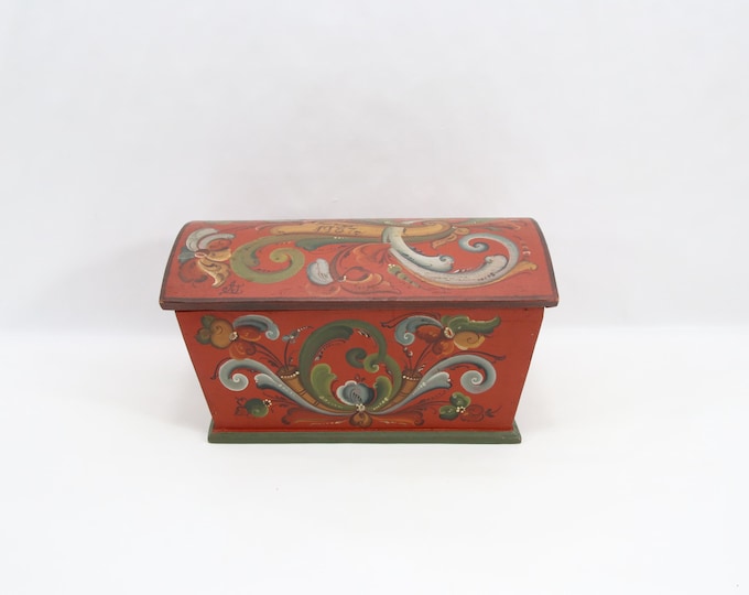 Norwegian Rosemaling Wooden Box | Hand Painted Folk Art Chest Dated 1987 Signed AJ | Scandinavian Keepsake Jewelry Box Decor
