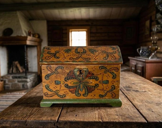 Antique Norwegian Rosemaling Box Early 1900s | Hand Painted Dome Top Chest | Folk Art Jewelry Trinket Box With Key