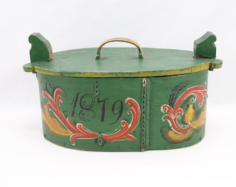 Norwegian Bentwood Tine Box 1879 | Hand Painted Rosemaling | Folk Art Telemark | Antique Scandinavian Decor | Vintage Wood Storage