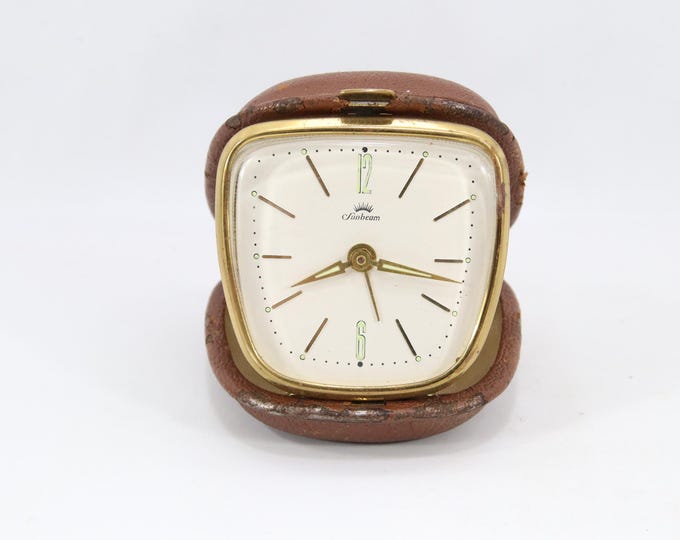 Sunbeam Travel Alarm Clock 1950s | Vintage Mechanical Folding Clock with Fritz Bugge AS Advertising | Mid Century Design