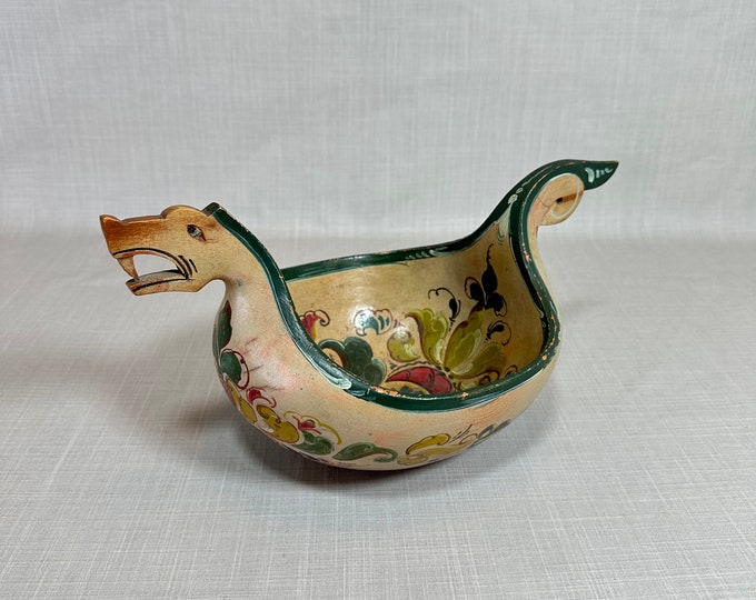 Vintage Norwegian Handmade Wooden Mug - Ale Bowl with Dragon Handle - Farmhouse Decor