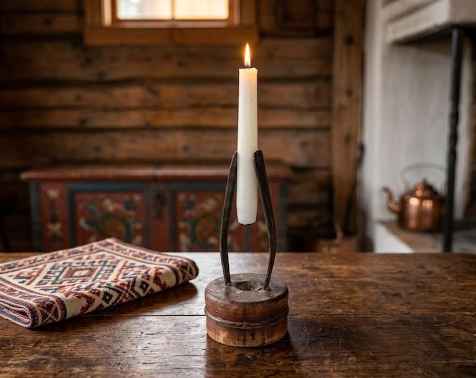 19th Century Norwegian Rushlight Holder | Folk Art Poor Mans Candlestick | Hand Forged Iron Rustic Decor