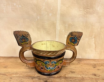 Antique Rose Painted Drink Cup | Hand-Carved Details | Stavanger Norway Relic | Timeless Collector's Piece | Collector's Relic