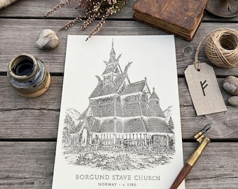 Borgund Stave Church Art Print | Machine Drawn Pen Drawing | Original Design by Morten T | Norwegian Architecture | A4 Wall Art
