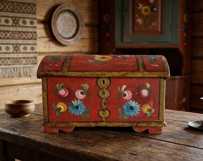 Antique Norwegian Rosemaling Box Early 1900s Bergen | Os Style Hand Painted Chest | Folk Art Jewelry Storage