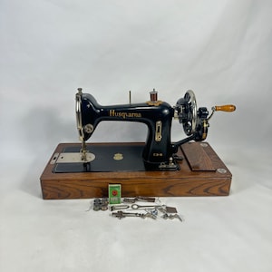 Vintage Husqvarna Hand Crank Sewing Machine with Extra Equipment - Industrial Style with Attachments