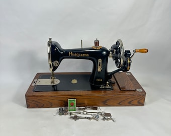Vintage Husqvarna Hand Crank Sewing Machine with Extra Equipment - Industrial Style with Attachments