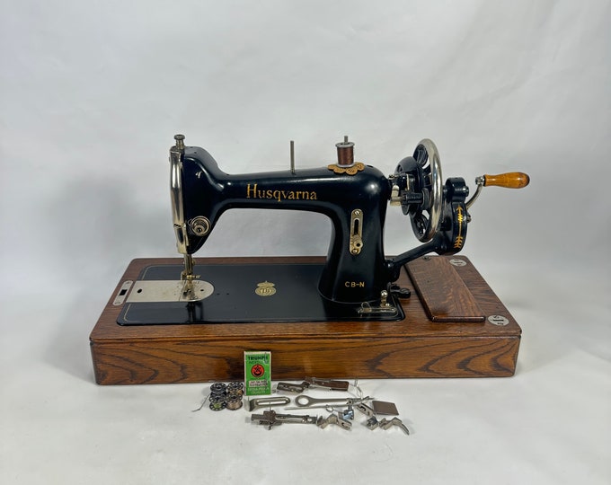Vintage Husqvarna Hand Crank Sewing Machine with Extra Equipment - Industrial Style with Attachments