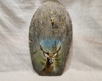 Rustic Norwegian Folk Art Slate Tile Clock with Deer and Forest Motif