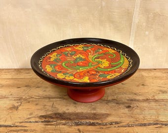 Vintage norsk Rosemaling tårtfat – handmålad tallrik i svarvat trä, skandinavisk folkkonstdekor från 1970-talets Norge