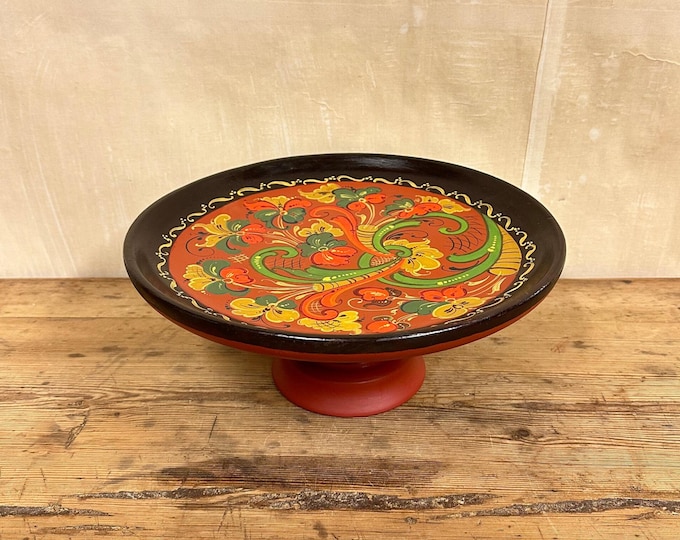 Vintage Norwegian Rosemaling Cake Stand – Handpainted Turned Wood Pedestal Plate, Scandinavian Folk Art Decor from 1970s Norway