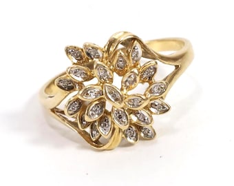Vintage 1980s Diamond Flower Cluster Ring in 18K Yellow Gold – Estate Jewelry, Mid-Century Floral Design, Collector’s Piece
