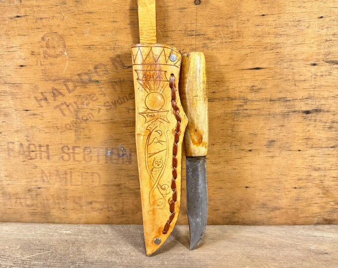 Vintage Norwegian Hand-Forged Knife - Genuine Birch Handle & Sami Decor Sheath