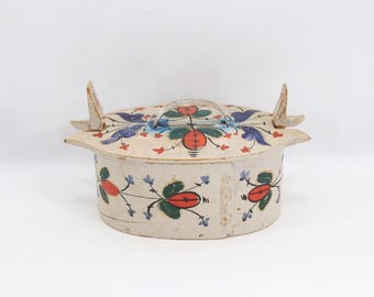 Antique Norwegian Painted Bentwood Box - 1910s White Floral Folk Art in Os Rosemaling Style