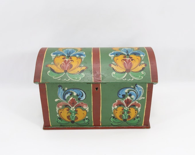 Vintage Norwegian Rosemaling Chest | Hand Painted Folk Art Jewelry Box | 1940s Scandinavian Painted Chest | Nordic Rose Decor Keepsake Box