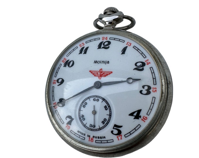 Vintage Mechanical Pocket Watch Molniya | USSR 1970s Collectible | Soviet Train Motif | Retro Timepiece | Gift for Him