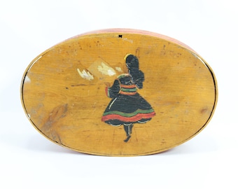 1920s Norwegian Oval Bentwood Jewelry Box | Hand Painted Folk Art with Traditional Costume | Antique Scandinavian Keepsake
