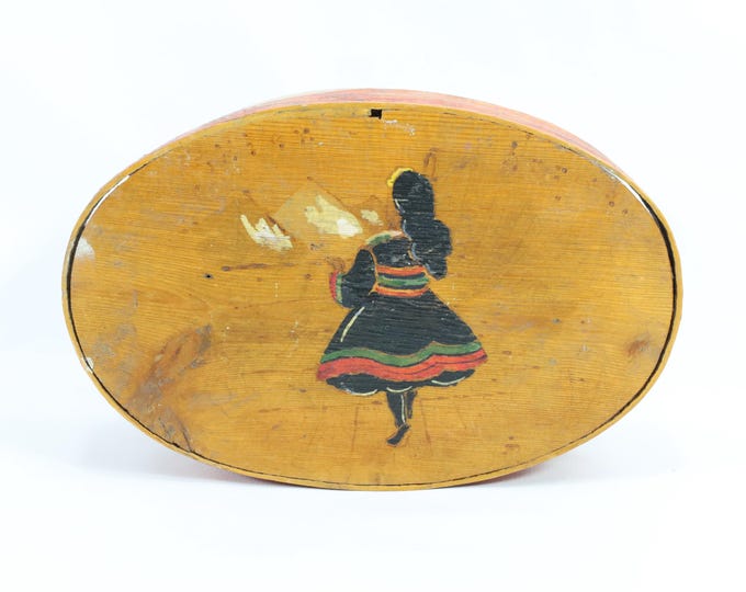1920s Norwegian Oval Bentwood Jewelry Box | Hand Painted Folk Art with Traditional Costume | Antique Scandinavian Keepsake