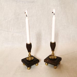 Mid-Century Modern Candleholders - Teak and Brass - Pair of 2 - Vintage Decor - Smaller Candle Size (1969)