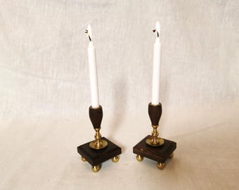 Mid-Century Modern Candleholders - Teak and Brass - Pair of 2 - Vintage Decor - Smaller Candle Size (1969)