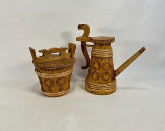 Norwegian Folk Art Tine Box & Beer Jug Set | Telemark Handcrafted Wood | Burnt Decor Nordic Heritage Duo