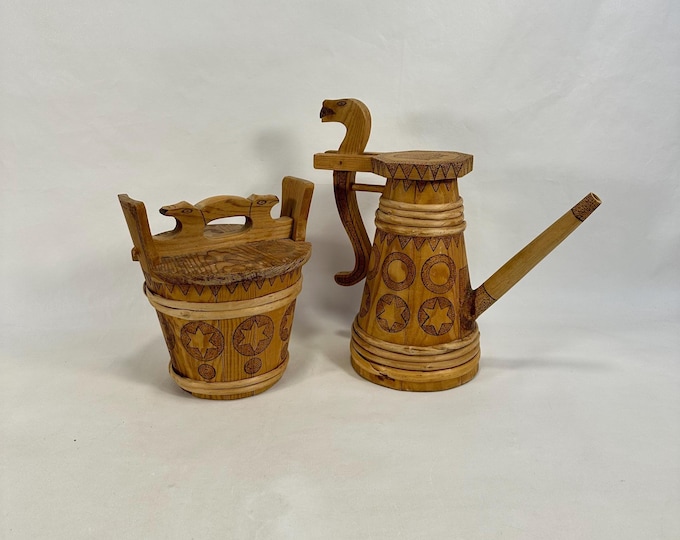 Norwegian Folk Art Tine Box & Beer Jug Set | Telemark Handcrafted Wood | Burnt Decor Nordic Heritage Duo