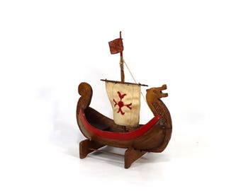 Swedish Viking Ship | Handcrafted 1960s | Nordic Collectors Piece | Wooden Ship with Lion | Historical Gift