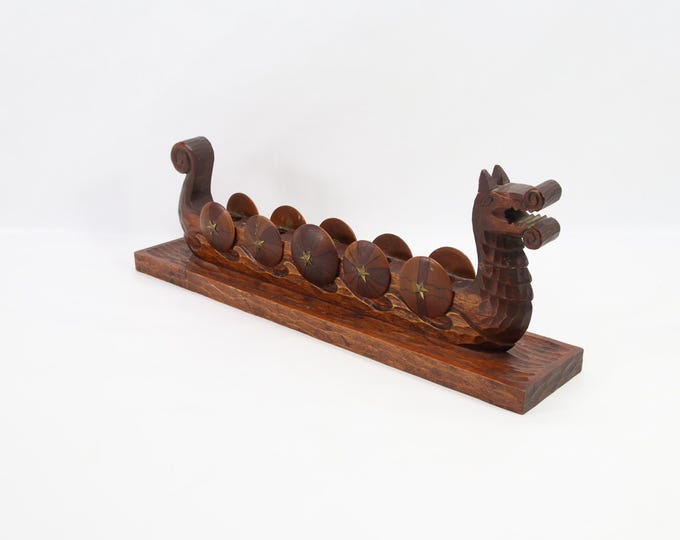 Vintage Swedish Wooden Viking Ship Candle Holder from 1960s – Handcarved Scandinavian Decor with Shields, Nordic Folk Art Centerpiece