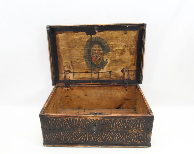 18th Century Norwegian Carved Box | Primitive Folk Art Chest | Hand Carved Black Paint | Original Working Lock | Rare Antique Decor