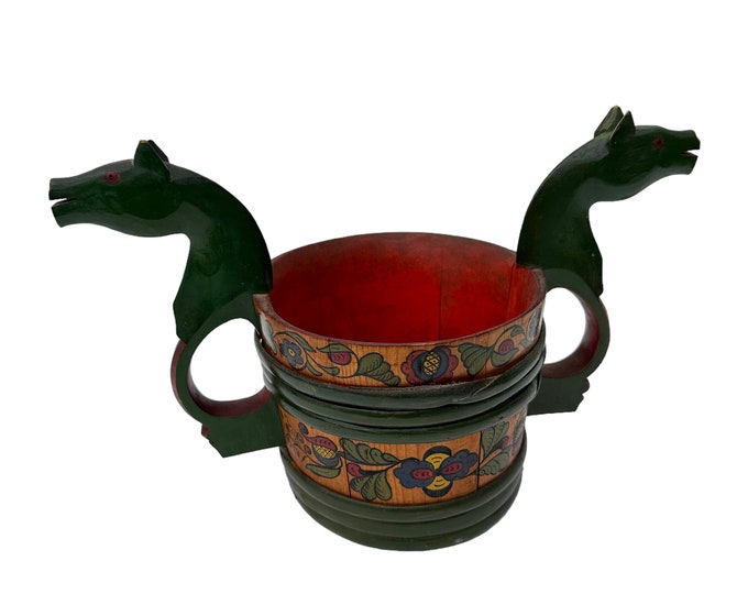 Norwegian Handmade wooden Mug - Ale bowl or Beer Bowl - Horses head bowl