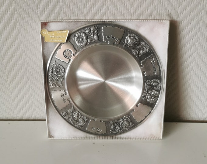 Vintage norwegian handmade Pewter/Tinn plate for Christening/Baptism present/gift in original box
