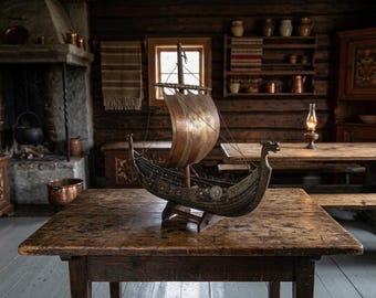 Vintage Viking Ship Sculpture in Bronze and Brass | Scandinavian Norse Dragon Boat Art 1950s | Danish Collectible Design