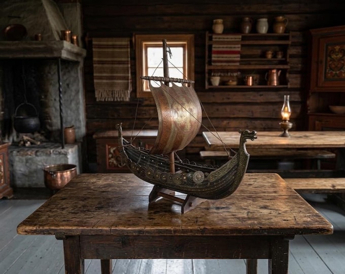 Vintage Viking Ship Sculpture in Bronze and Brass | Scandinavian Norse Dragon Boat Art 1950s | Danish Collectible Design